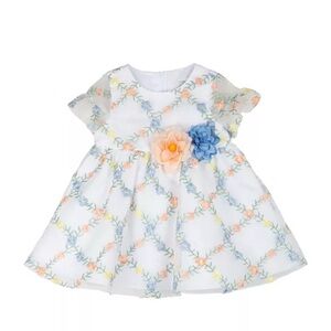 Rare Editions White Floral Dress with Blue and Peach embroidered Accents